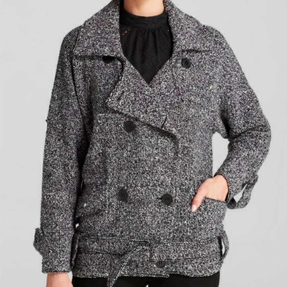 Free People Slouchy Bouclé Knit Moto Long Sleeve Jacket. Belt. Black, White. XL.